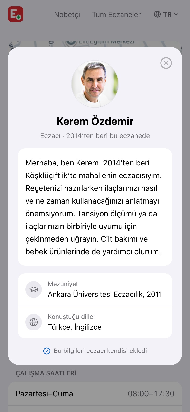 Örnek bir eczacı profili: fotoğraf, tanıtım yazısı, mezuniyet ve diller