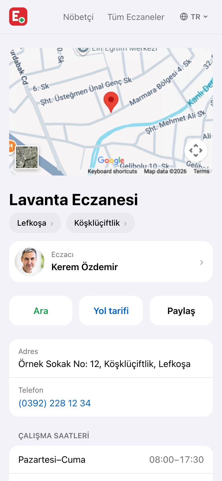Örnek bir eczane sayfası: eczane adının altında eczacının fotoğrafı ve adı